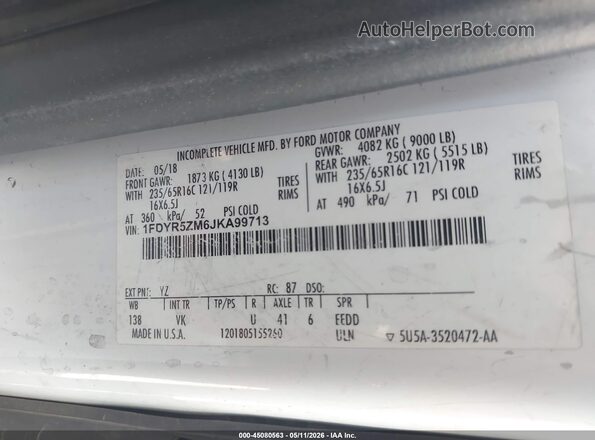 1FDYR5ZM6JKA99713 2018 FORD TRANSIT-250 CAB White Вид підкапотного простору