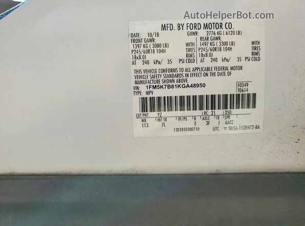 1FM5K7B81KGA48950 2019 FORD EXPLORER White Вид підкапотного простору