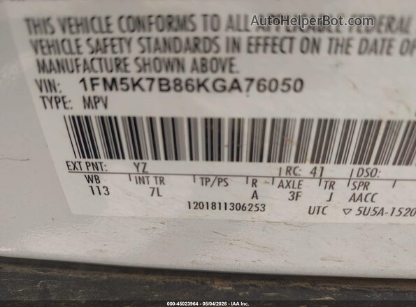 1FM5K7B86KGA76050 2019 FORD FORD EXPLORER White 