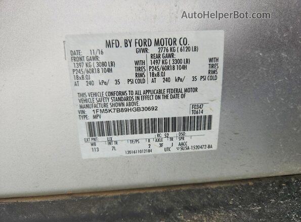 1FM5K7B89HGB30692 2017 FORD EXPLORER Silver Вид наклейки з VIN-кодом