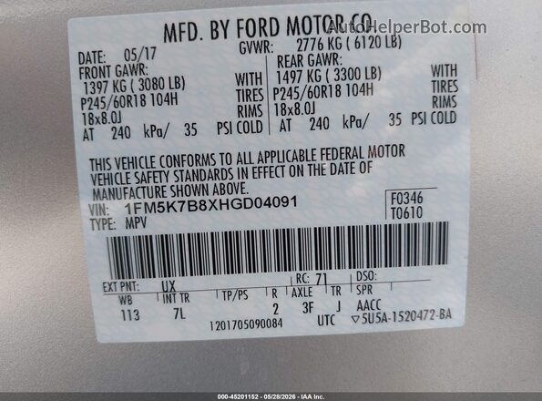 1FM5K7B8XHGD04091 2017 FORD EXPLORER Silver Vista del compartimento del motor