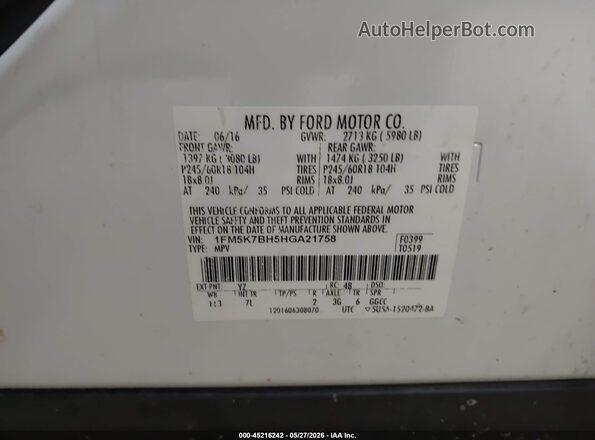 1FM5K7BH5HGA21758 2017 FORD EXPLORER White Շարժիչի բաժամունքի տեսք