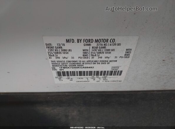 1FM5K7D80KGA88482 2019 FORD EXPLORER White Vista del compartimento del motor