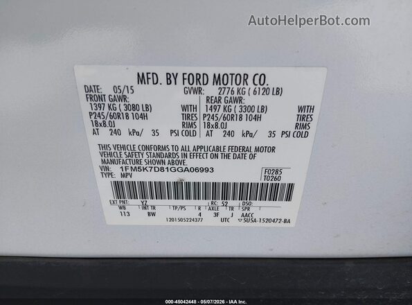1FM5K7D81GGA06993 2016 FORD FORD EXPLORER Белый 