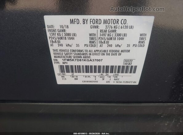 1FM5K7D81KGA37007 2019 FORD EXPLORER Gray Vista del compartimento del motor