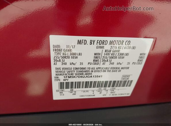 1FM5K7D82JGA13541 2018 FORD EXPLORER Red Engine compartment view