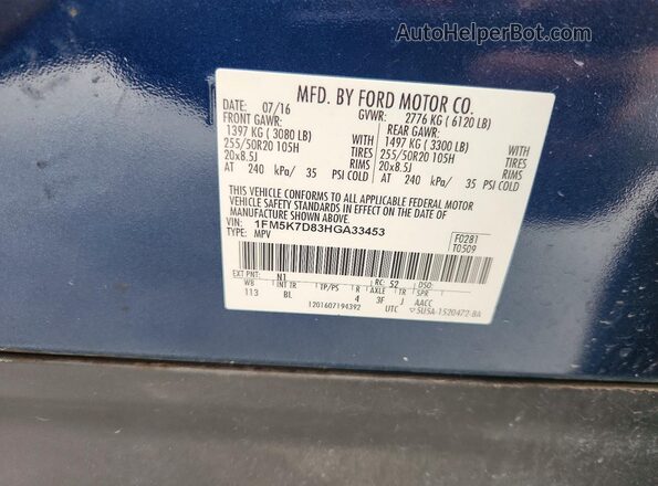 1FM5K7D83HGA33453 2017 FORD EXPLORER Blue 