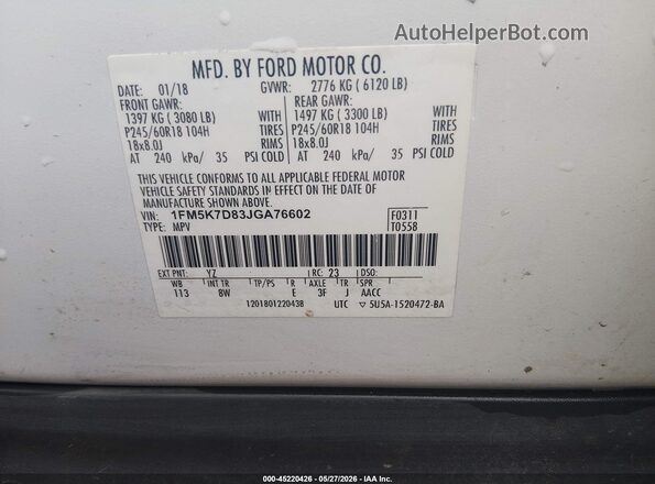 1FM5K7D83JGA76602 2018 FORD EXPLORER White 