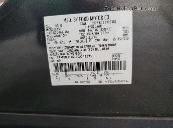1FM5K7D83JGC49535 2018 FORD EXPLORER Gray 