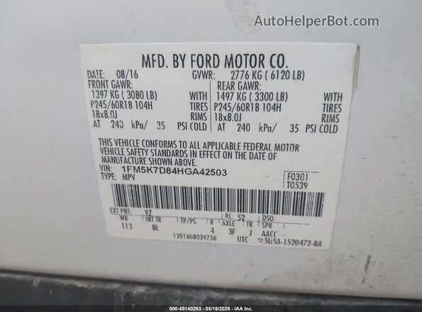 1FM5K7D84HGA42503 2017 FORD EXPLORER White Vista del compartimento del motor