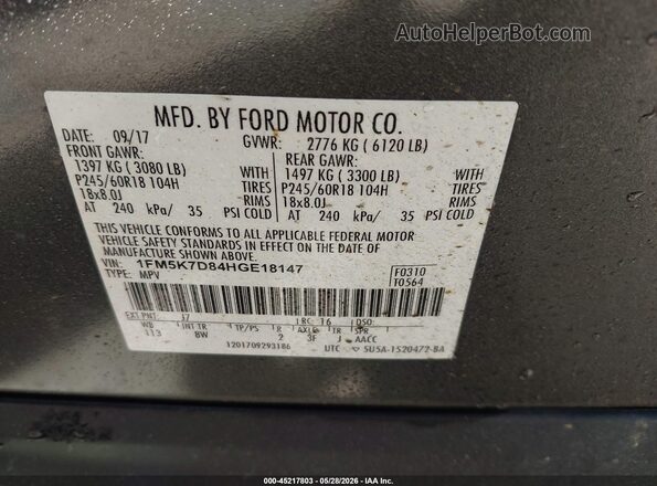 1FM5K7D84HGE18147 2017 FORD EXPLORER Gray Vista del compartimento del motor