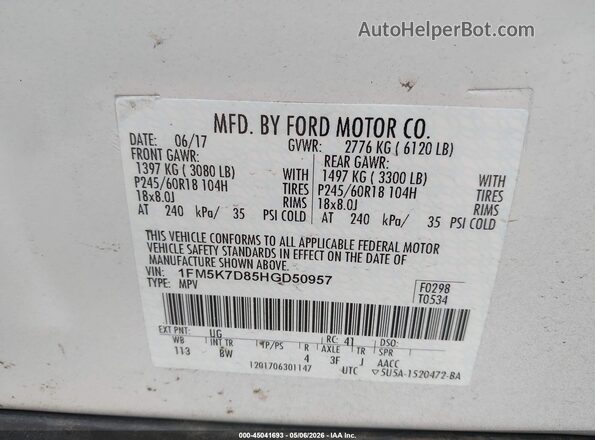 1FM5K7D85HGD50957 2017 FORD FORD EXPLORER White Widok komory silnika