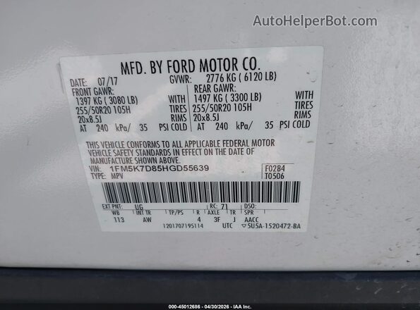 1FM5K7D85HGD55639 2017 FORD FORD EXPLORER Белый Вид подкапотного пространства