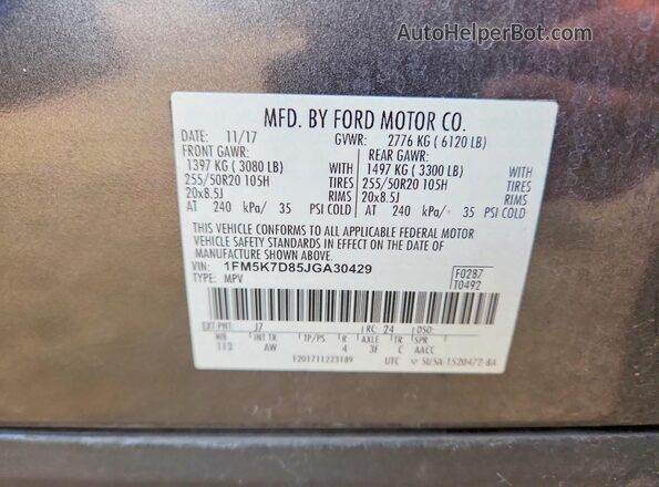 1FM5K7D85JGA30429 2018 FORD EXPLORER Charcoal Панорамний вид салону 360°