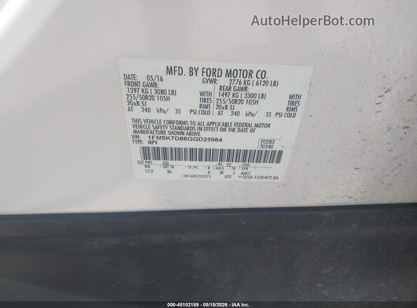 1FM5K7D86GGD25984 2016 FORD EXPLORER White Vista del compartimento del motor