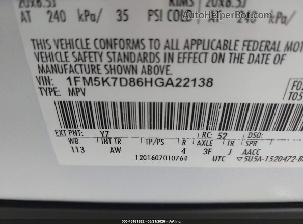 1FM5K7D86HGA22138 2017 FORD EXPLORER Белый Вид подкапотного пространства