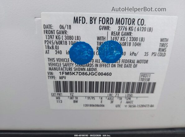 1FM5K7D86JGC00460 2018 FORD EXPLORER White 