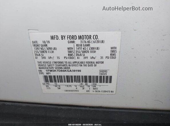 1FM5K7D86KGA39190 2019 FORD EXPLORER Белый Вид подкапотного пространства