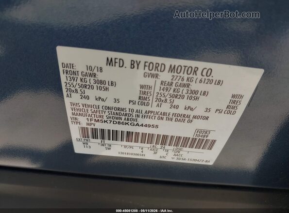 1FM5K7D86KGA44955 2019 FORD FORD EXPLORER Blue 