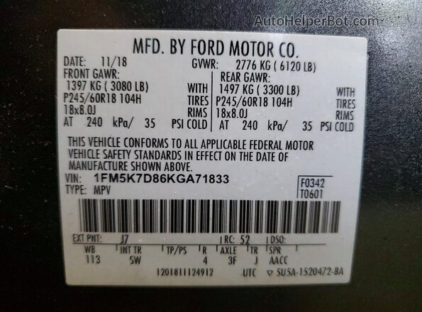 1FM5K7D86KGA71833 2019 FORD EXPLORER Gray VIN sticker view