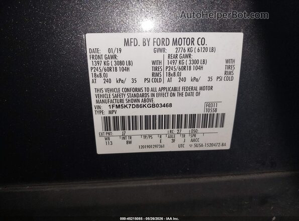 1FM5K7D86KGB03468 2019 FORD EXPLORER Gray ძრავის განყოფილების ხედი