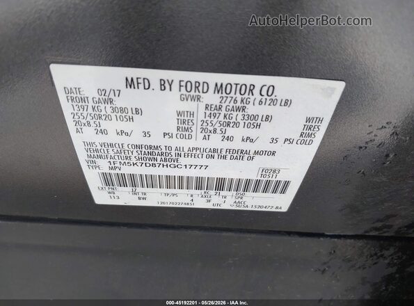 1FM5K7D87HGC17777 2017 FORD EXPLORER Black Vista del compartimento del motor