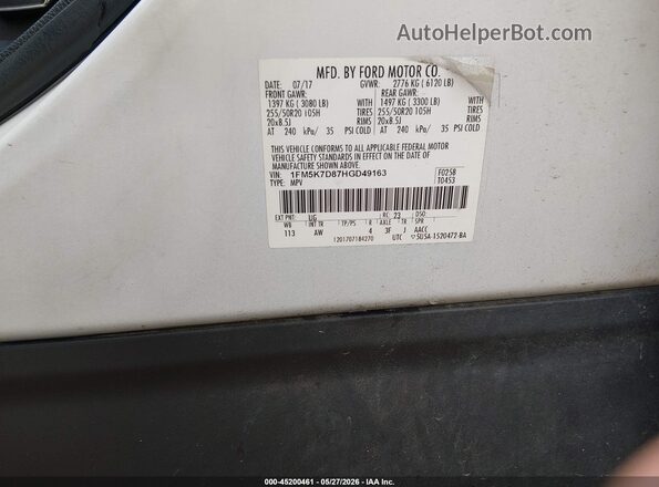 1FM5K7D87HGD49163 2017 FORD EXPLORER White Widok komory silnika