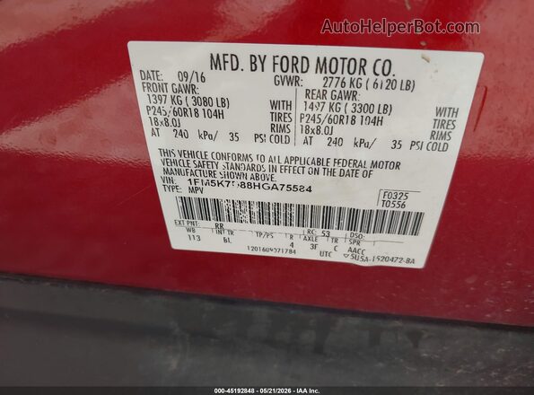 1FM5K7D88HGA75584 2017 FORD EXPLORER Red Vista del compartimento del motor