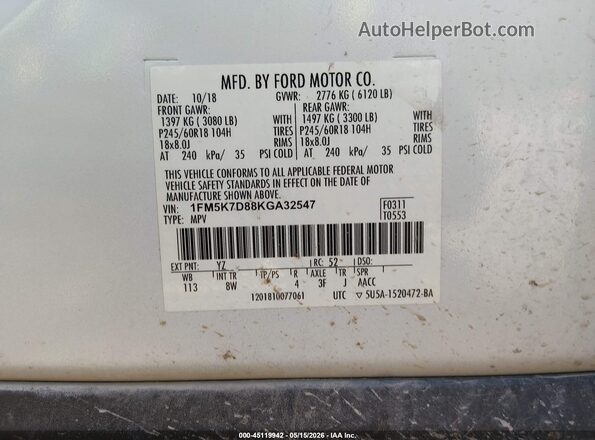 1FM5K7D88KGA32547 2019 FORD EXPLORER White ძრავის განყოფილების ხედი