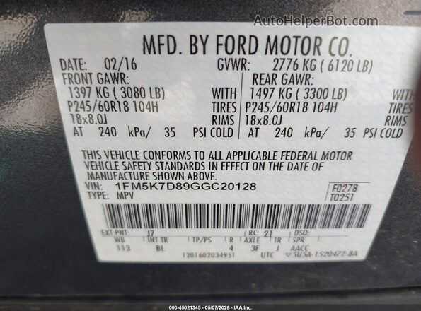 1FM5K7D89GGC20128 2016 FORD FORD EXPLORER Gray Շարժիչի բաժամունքի տեսք