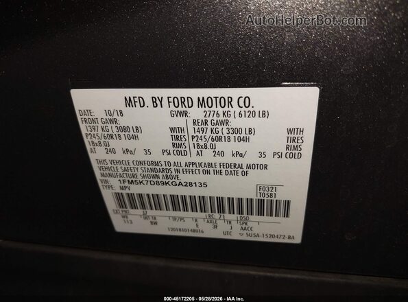 1FM5K7D89KGA28135 2019 FORD EXPLORER Gray 