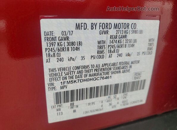 1FM5K7DH0HGC76461 2017 FORD EXPLORER Red VIN კოდის სტიკერის ხედი