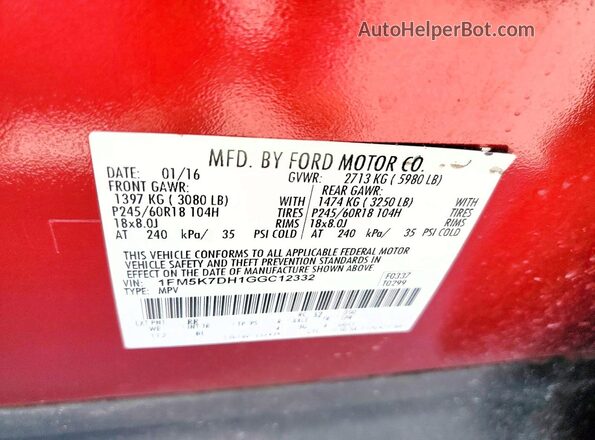 1FM5K7DH1GGC12332 2016 FORD EXPLORER Красный 
