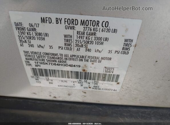 1FM5K7D84HGD40419 2017 FORD EXPLORER Серебряный 