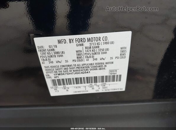 1FM5K7DH7JGC42541 2018 FORD EXPLORER Black Вид підкапотного простору