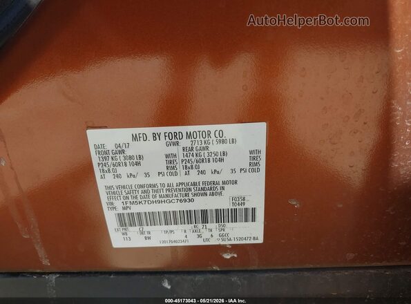 1FM5K7DH9HGC76930 2017 FORD EXPLORER Orange Engine compartment view