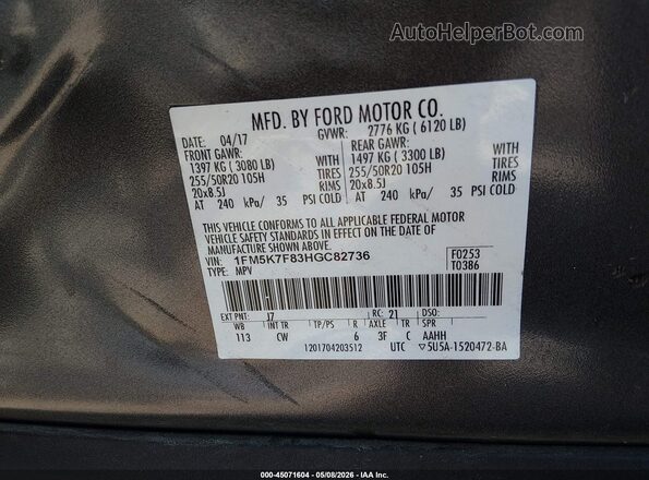 1FM5K7F83HGC82736 2017 FORD FORD EXPLORER Gray Engine compartment view