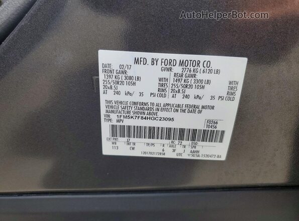 1FM5K7F84HGC23095 2017 FORD FORD EXPLORER Gray Вид наклейки з VIN-кодом