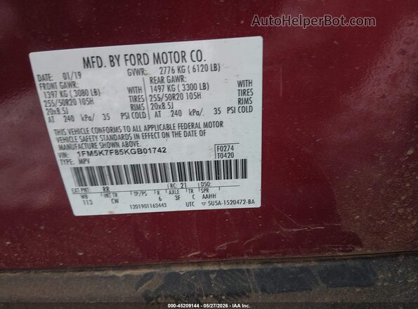 1FM5K7F85KGB01742 2019 FORD EXPLORER Red Вид підкапотного простору