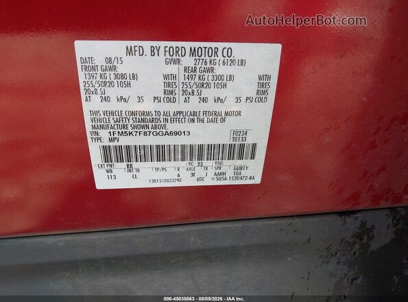 1FM5K7F87GGA69013 2016 FORD FORD EXPLORER Red ძრავის განყოფილების ხედი