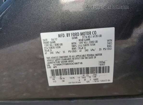 1FM5K7F88HGC68718 2017 FORD EXPLORER Gray 