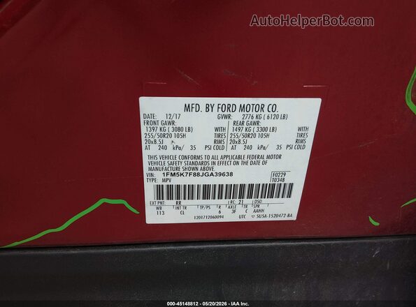 1FM5K7F88JGA39638 2018 FORD EXPLORER Red Вид підкапотного простору