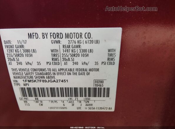 1FM5K7F89JGA27451 2018 FORD EXPLORER Red 