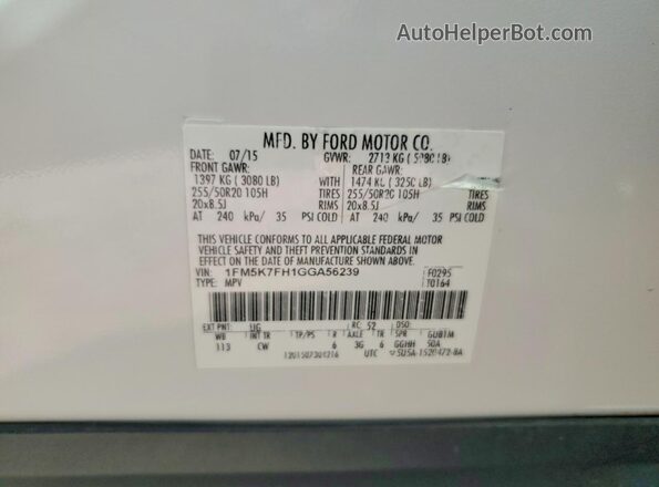 1FM5K7FH1GGA56239 2016 FORD FORD EXPLORER White Widok naklejki z numerem VIN