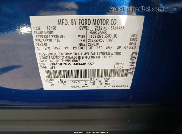 1FM5K7FW3MNA09557 2021 FORD EXPLORER Blue 