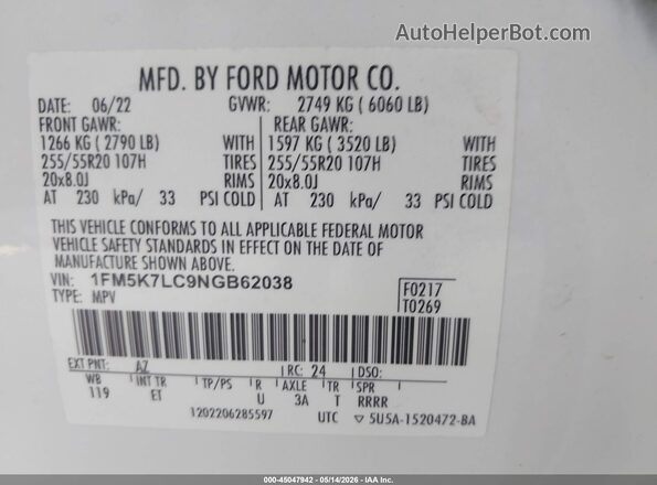 1FM5K7LC9NGB62038 2022 FORD EXPLORER White Widok komory silnika