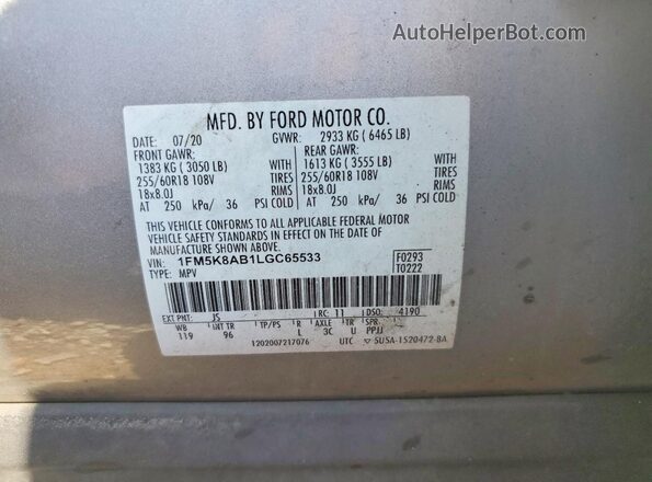 1FM5K8AB1LGC65533 2020 FORD EXPLORER Silver 