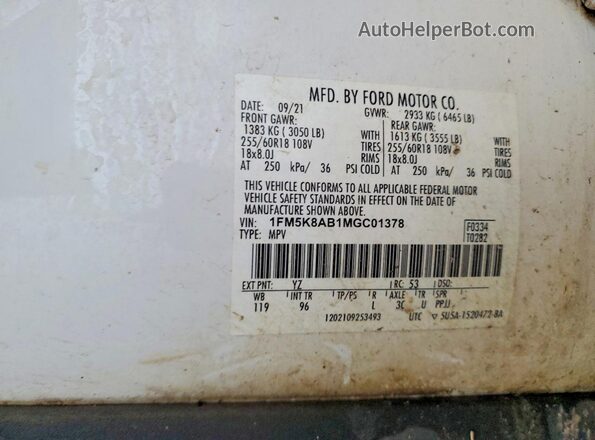 1FM5K8AB1MGC01378 2021 FORD EXPLORER White VIN կոդի պիտակի տեսք