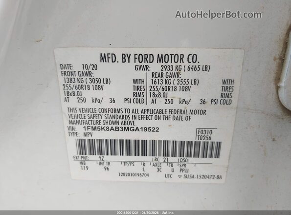 1FM5K8AB3MGA19522 2021 FORD POLICE INTERCEPTOR White 