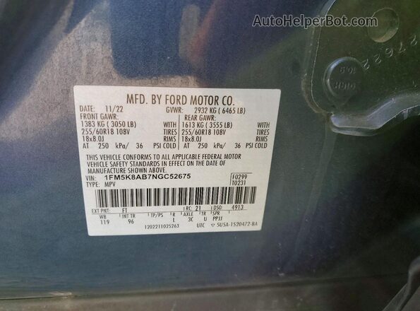 1FM5K8AB7NGC52675 2022 FORD EXPLORER Blue VIN sticker view